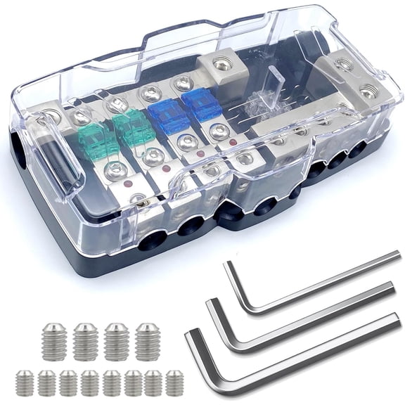 4 Way Mini-ANL Fused Distribution Block with Ground Block, 12V-48V 0/4 Gauge Power Distribution Block, Car Audio Amplifier Fuse Holder for Auto UTV Boat Stereo Amp