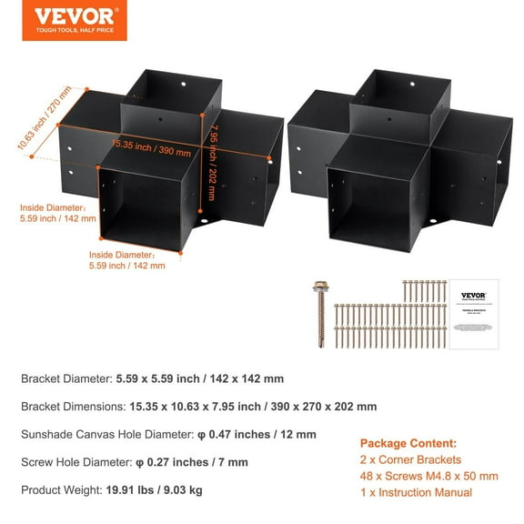 4-Way Pergola Corner Brackets 6''x6'', 2pcs Post Base Kit for DIY Patio, Gazebo & Log Cabin, Heavy Duty Wood Beam Connectors