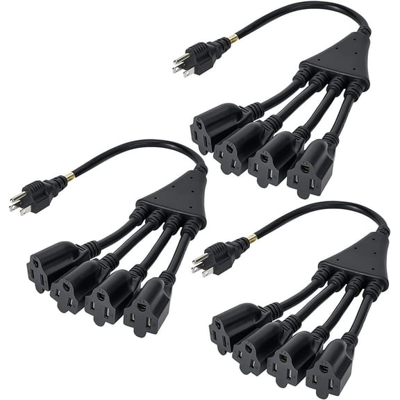 4 Way Power Cord Splitter Cable (3 Pack)-3 Prong 1 to 4 Extension Cord-Outlet Saver-Male to Female Y Splitter Power Extension Cable Strip–UL Certified SJTW 16 Gauge 13 A/125 V–1.5 Feet Black