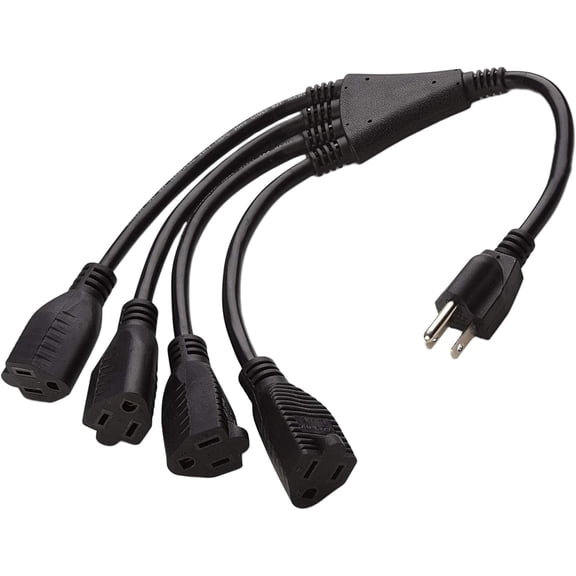 4 Way Power Splitter - 1 to 4 Extension Cord Splitter, 1.5' Short Extension Cord UL Listed, Outlet Splitter 3 Prong, Power Strip Outlet Plug, Y Style Extension Cord, Black, SJT 16 AWG
