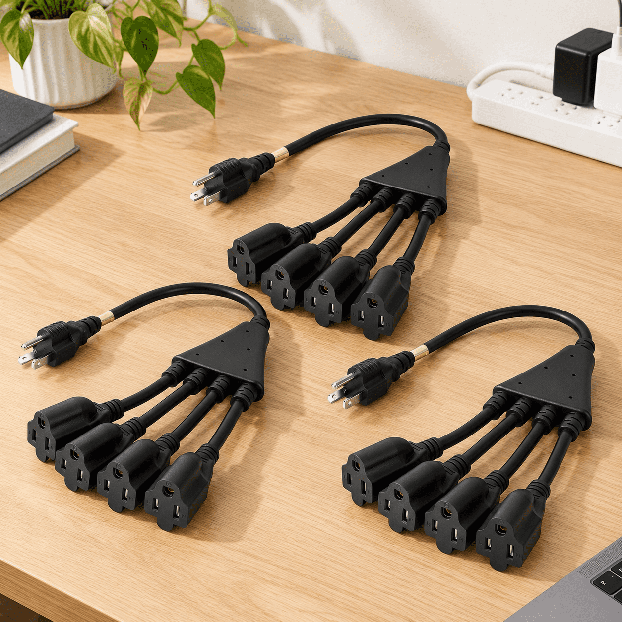 Power Splittter 4 Way Power Splitter Extension Cord 3 Pack 1.5 Ft 3 Prong 1 To 4 Outlet ...