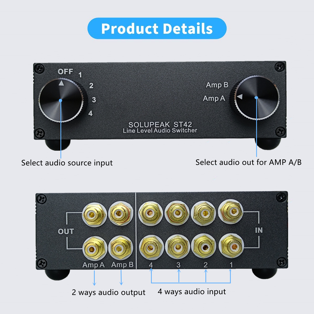 4Way RCA Line Amp Router Audio Switcher Selector Splitter 4 IN 2 OUT stereo audio source signal