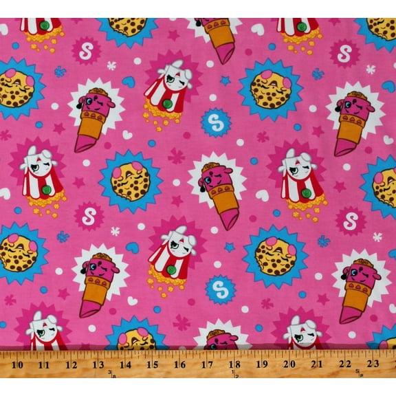 4-Way Stretch Knit Shopkins Toss Characters Foods on Pink 60" Wide Soft Cotton/Spandex Fabric by the Yard (60962-A620710)