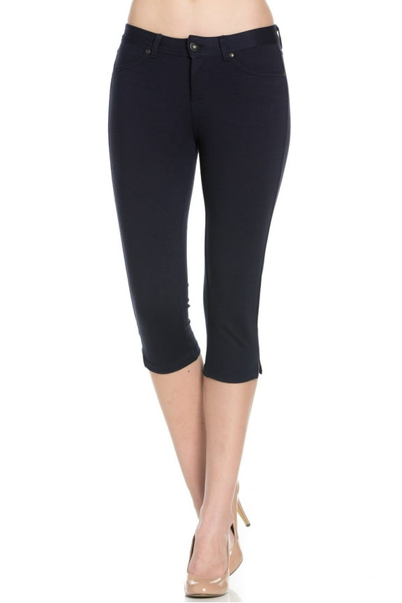 4 Way Stretchy Ponte Knit Capri Skinny Jeans (Navy)