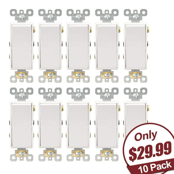 4 Way Switch, 15 Amp Self-grounding Quiet Wall Decor Paddle Switch, Residential Grade, UL Listed, Back & Side Wired, 10 Pack, White