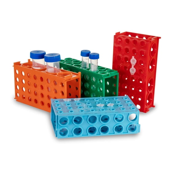 4 Way Tube Rack, Plastic Test Tube Holder, Centrifuge Tube Racks, 0.5ml/2ml/5ml/10ml/15ml/50ml Vials Stand for Lab Scientific Experiments Supplies (Blue, Green, Red, Orange), Pack of 4
