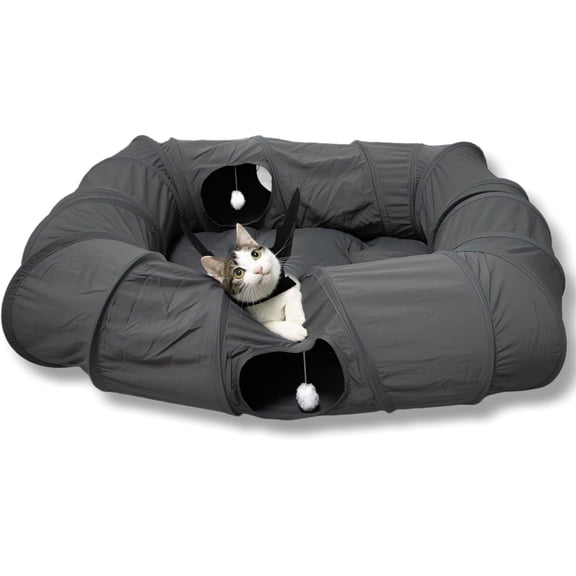 4 Ways Shuttled XL Cat Tunnel Bed for Indoor Cats Peekaboo Cat Cave Donut with Cool Mat (Dark Gray)