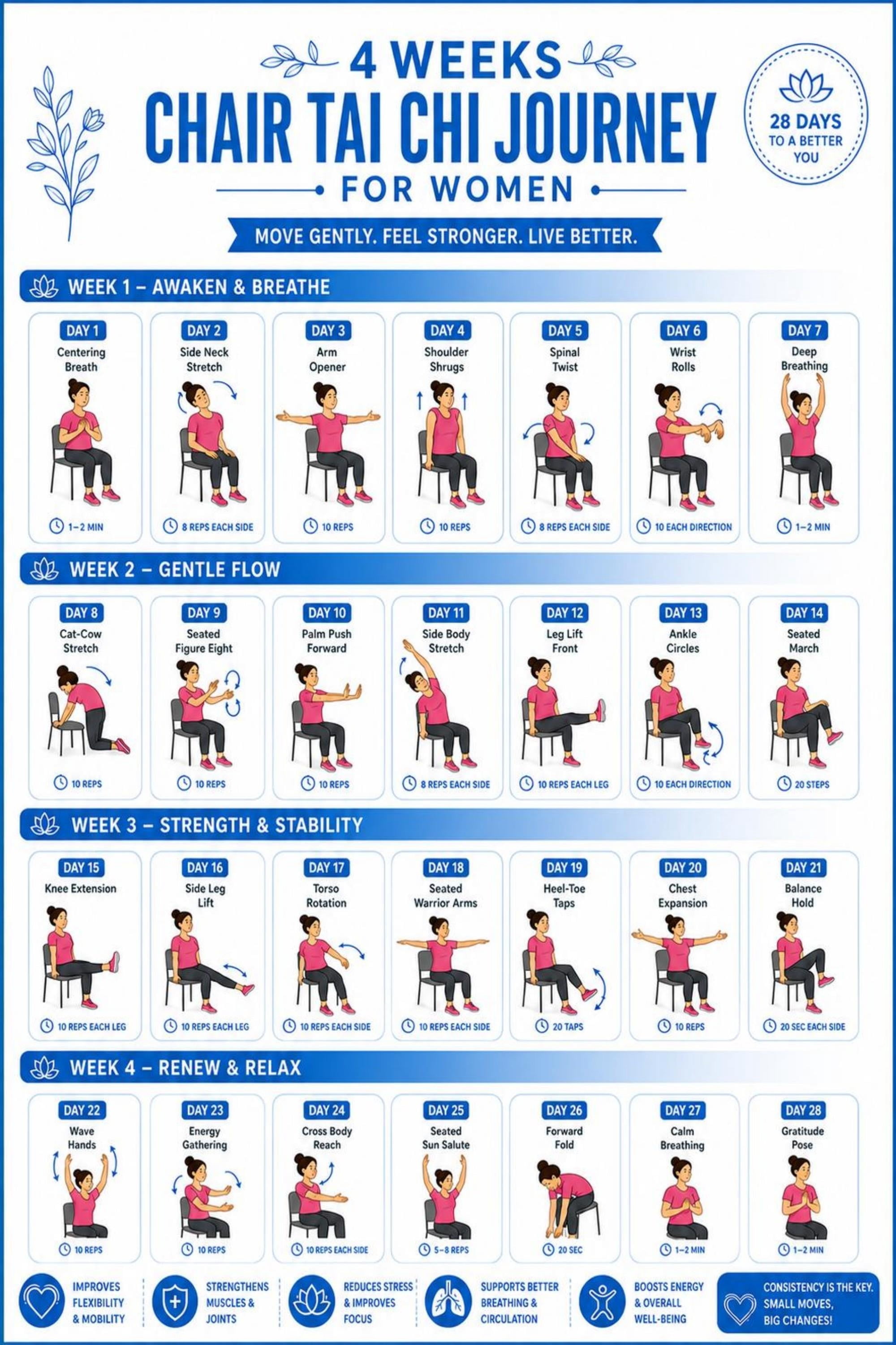 4 Week Chair Tai Chi for Women Poster Home Fitness Chart - Walmart.com