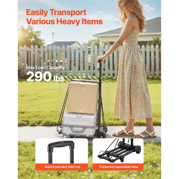 4 Wheel Collapsible Flat Platform Hand Truck Black, Expandable Base with 2 Elastic Ropes, 290 LBS Load Luggage Cart for Airport Office Moving