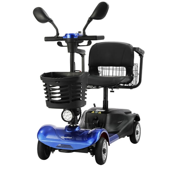 4 Wheel Compact Mobility Scooter,Foldable Electric Scooter for Seniors and Adults, Heavy Duty Travel Model with Lights, Basket, and Long-Lasting Battery (Blue)