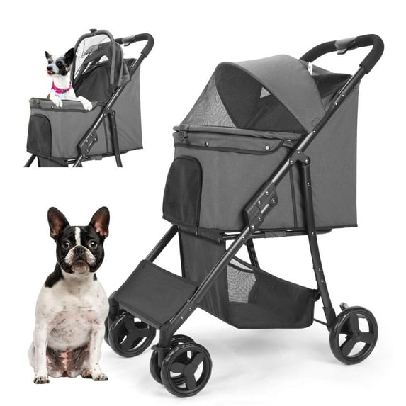 4 Wheel Dog Stroller, Wedyvko Foldable Pet Stroller with Storage Basket, Dog Stroller for Small Dogs & Cats (Dark-gray)