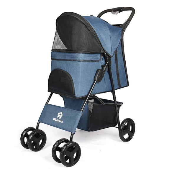 Wedyvko 4 Wheels Pet Stroller Dog Cat Stroller Storage Basket and Cup Holder,Navy