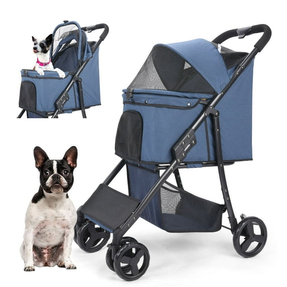 4 Wheel Dog Stroller, Wedyvko Foldable Pet Stroller with Storage Basket for Small Medium Dogs & Cats (Navy)