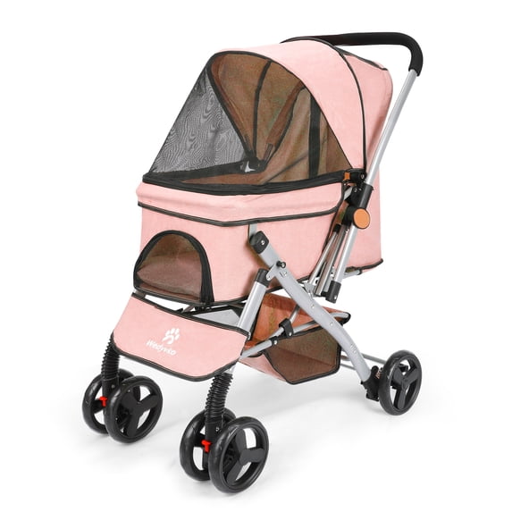 4 Wheel Dog Stroller, Wedyvko Foldable Pet Stroller with Storage Basket for Small Medium Dogs & Cats (Pink)