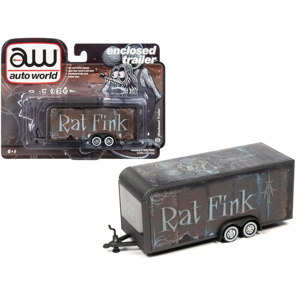 4-Wheel Enclosed Car Trailer Dark Gray with Graphics "Rat Fink" 1/64 Diecast Model by Auto World