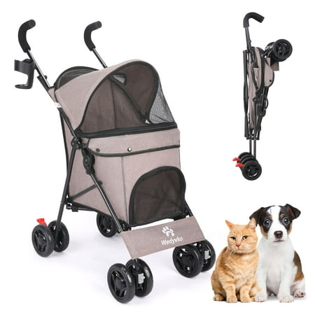Wedyvko 4 Wheel Pet Dog Stroller Foldable Carrier Strolling Cart for Small Medium Dog Cat,Brown
