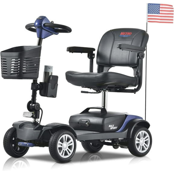 4 Wheel Foldable Electric Mobility Scooter for Seniors, 300 lbs Compact Heavy Duty Mobile with Cup/Phone, Long Range Power Battery with Thickened Seat /Front LED Light for Travel, Elder, Adults (Blue)