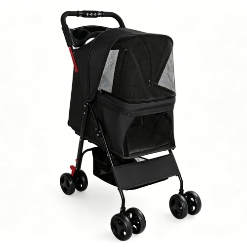 4 Wheel Foldable Pet Stroller for Small Dogs Cats Under 28 Lbs, Breathable Mesh with Safety Leashes Tray Storage Basket, Black