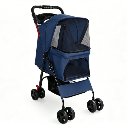 4 Wheel Foldable Pet Stroller for Small Dogs Cats Under 28 Lbs, Breathable Mesh with Safety Leashes Tray Storage Basket, Blue
