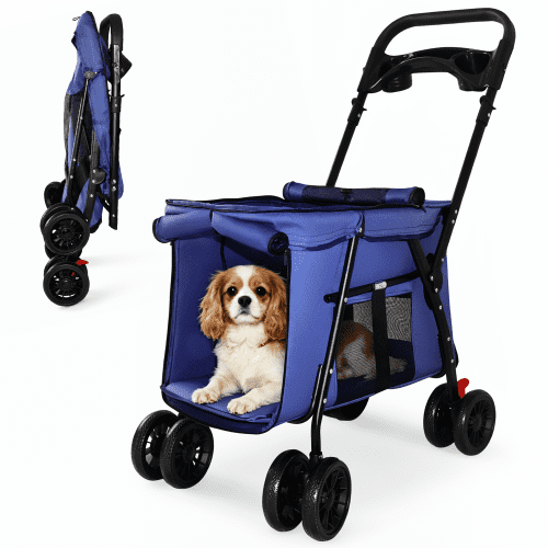 4-Wheel Foldable Pet Stroller for Small Medium Pets, Breathable Mesh,  Shockproof Wheels Brake Tray & 2 Safety Leashes, Navy Blue