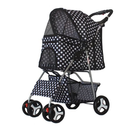 4-Wheel Folding Pet Stroller Portable Safe Cat Dog Cage Stroller with Cup Holder and Storage Basket