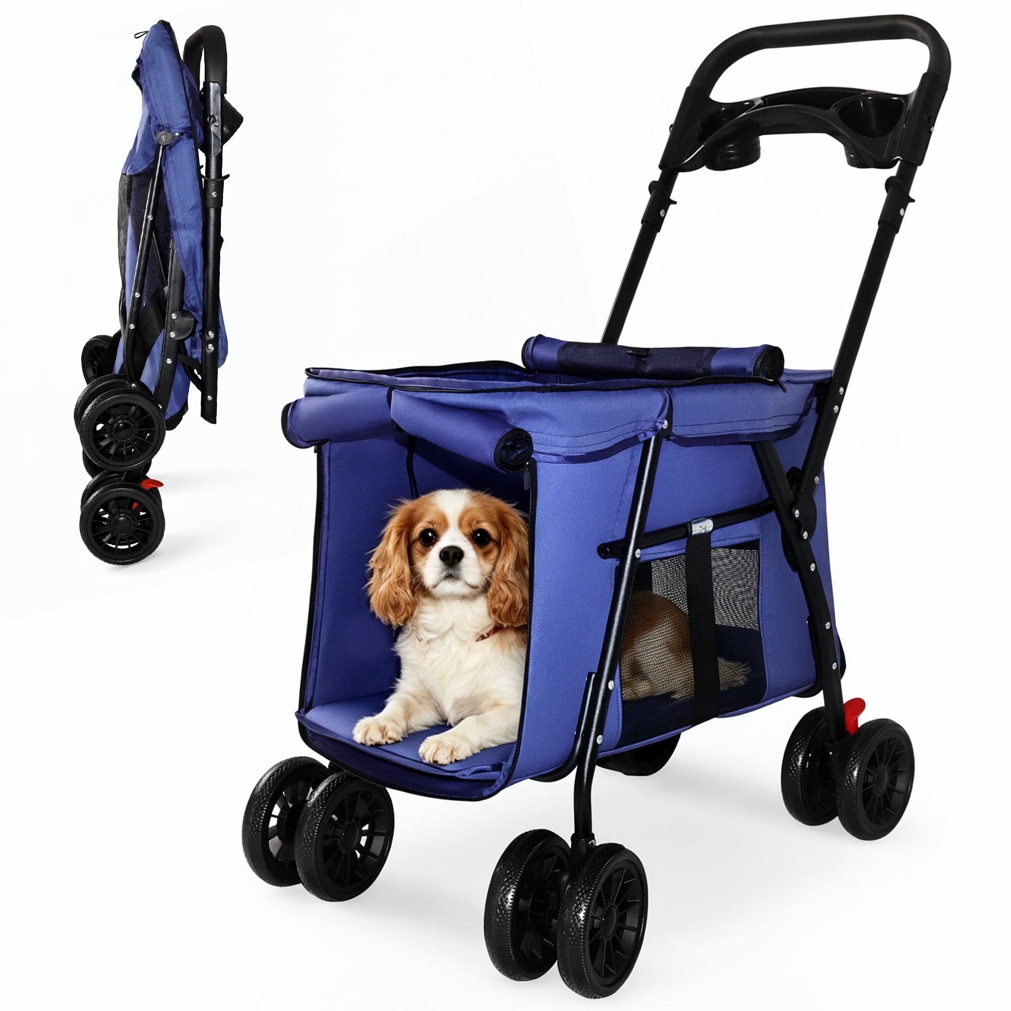4-Wheel Folding Pet Stroller for Small Dogs and Cats, Pet Rolling Carrier with Storage Bag, Breathable Mesh & 2 Safety Leashes