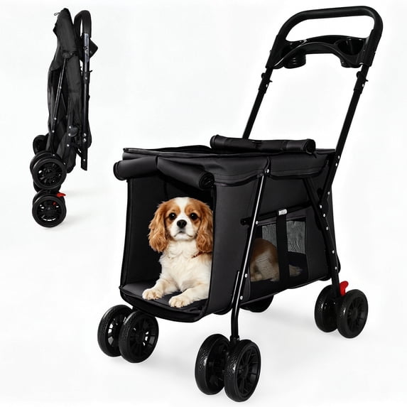 4-Wheel Folding Pet Stroller for Small Dogs and Cats, Pet Rolling Carrier with Storage Bag, Breathable Mesh & 2 Safety Leashes