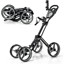 4 Wheel Golf Push Cart, Folding Golf Walking Cart /Elastic Straps, Umbrella&Cup Holder, Scoreboard Storage, Lightweight Golf Trolley Cart /Height Adjustable Handle&Foot Brake