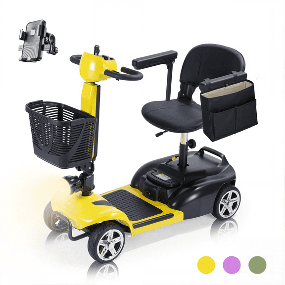 4 Wheel Mobility Scooter For Senior & Audults. Lightweight Mobility Scooter with Removable Battery. 6 MPH High Speed 265 lbs Capacity, Foldable Design (Yellow)