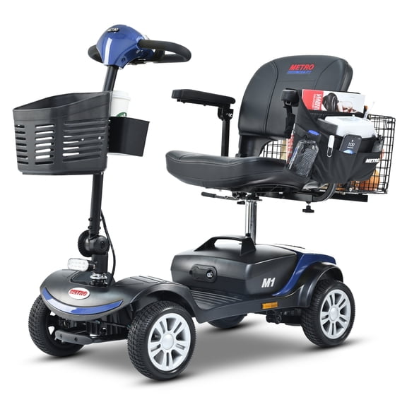 4 Wheel Mobility Scooter for Adults, Compact Travel Electric Scooter 300W Motor 300 lbs Capacity, Lightweight Folding with LED Lights, Blue