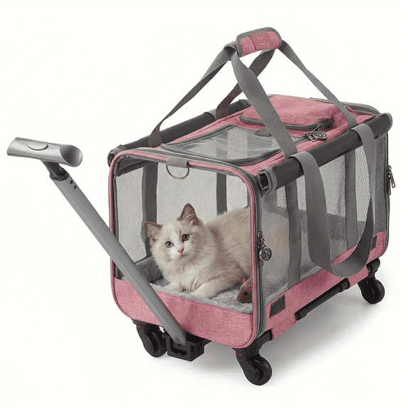 4-Wheel Rolling Pet Carrier for Cats & Small Dogs, Airline Approved, Collapsible Travel Carrier with Telescopic Handle & Breathable Mesh