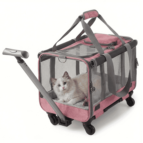 4-Wheel Rolling Pet Carrier for Cats & Small Dogs,Collapsible Travel Carrier with Telescopic Handle & Breathable Mesh