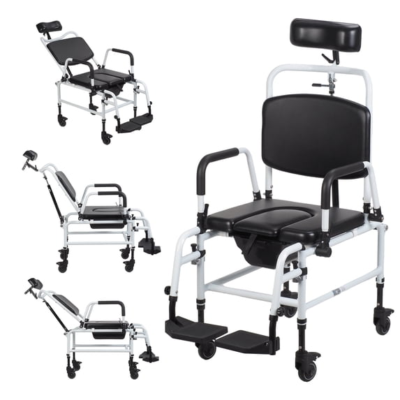 WETLA 4-Wheel Shower Commode Chair with Adjustable Backrest,Toilet Wheelchair with Removable Headrest and Bedpan,Aluminum Alloy Commode Chair for Elderly and Disabled