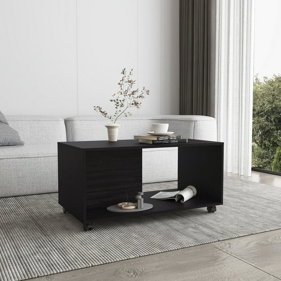 4 Wheels Black Coffee Table With 1 Shelf. Engineered Wood Construction. Ideal For Living Rooms Of Different Sizes. Easily Portable And Readily Assembled. Keep Magazines, Books, Decor In Place. 19.94