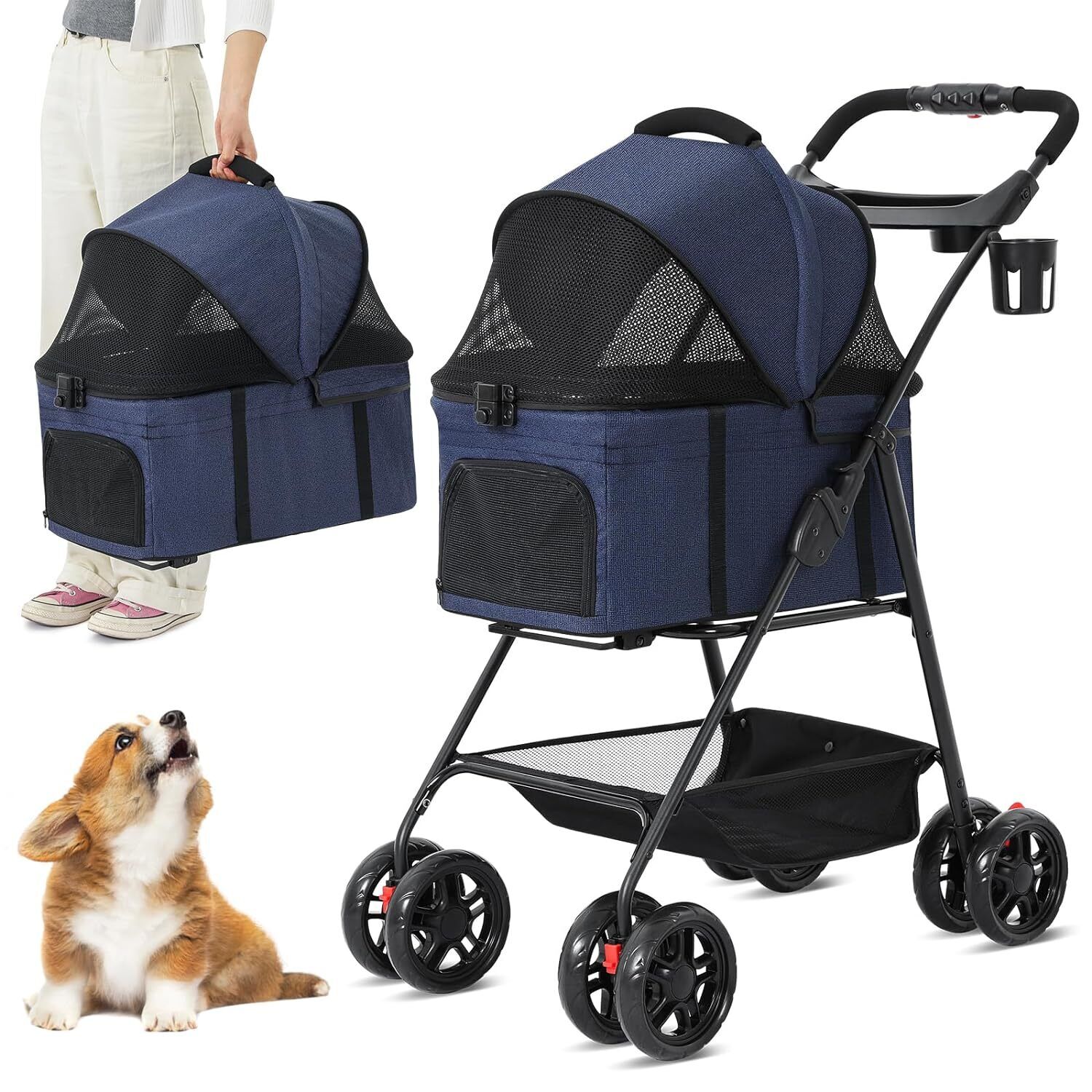 4 Wheels Dog Stroller Pet Stroller for Small Dogs with Removable Travel ...