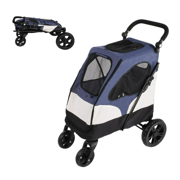 4 Wheels Folding Pet Strolling Cart with Storage Bag, Pet Stroller for Medium Large Dog with Adjustable Handle, Travel Jogger Pet Stroller with Mesh Skylight