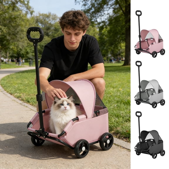 4 Wheels Folding Pink Pet Dog Stroller, Lightweight Travel Cart with Sunshade Cover for Small Dogs Cats, Portable Carrier Wagon for Walking Shopping Outdoor Play (Black)