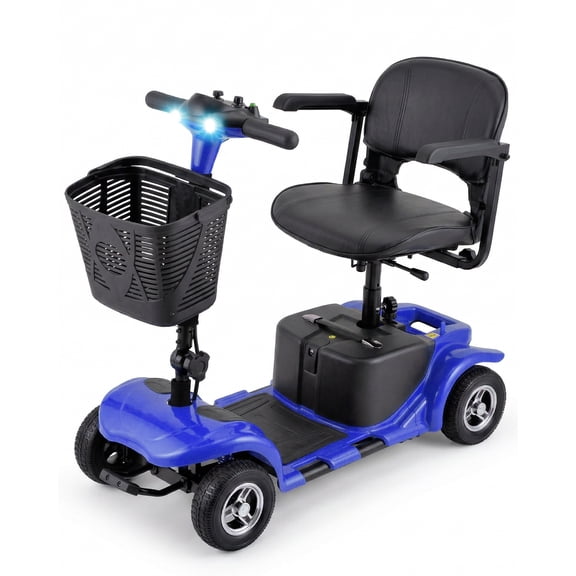 4 Wheels Mobility Scooter for Adults, Senior Electric Powered Chargeable Device for Travel, Lightweight and Portable, with LED Headlights and Basket, Charger Included (Blue)