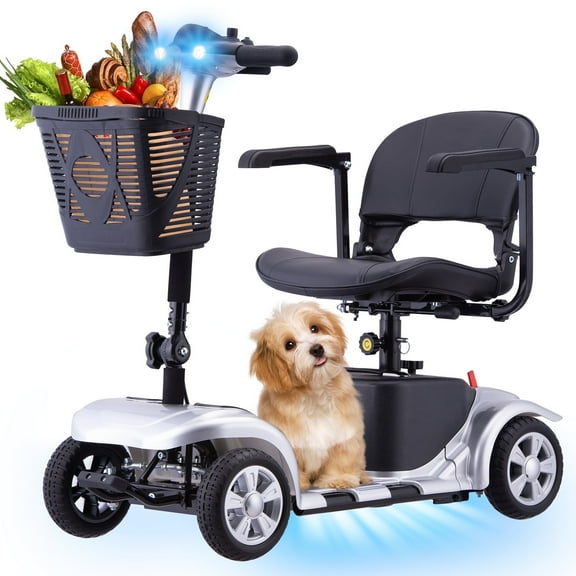 4 Wheels Mobility Scooter for Adults, Senior Electric Powered Chargeable Device for Travel, Lightweight and Portable, with LED Headlights and Basket, Charger Included (GRAY)