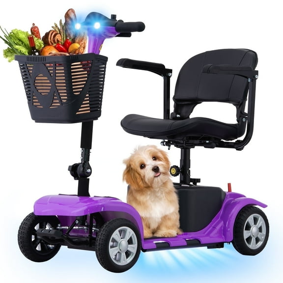 4 Wheels Mobility Scooter for Adults, Senior Electric Powered Chargeable Device for Travel, Lightweight and Portable, with LED Headlights and Basket, Charger Included (PURPLE)