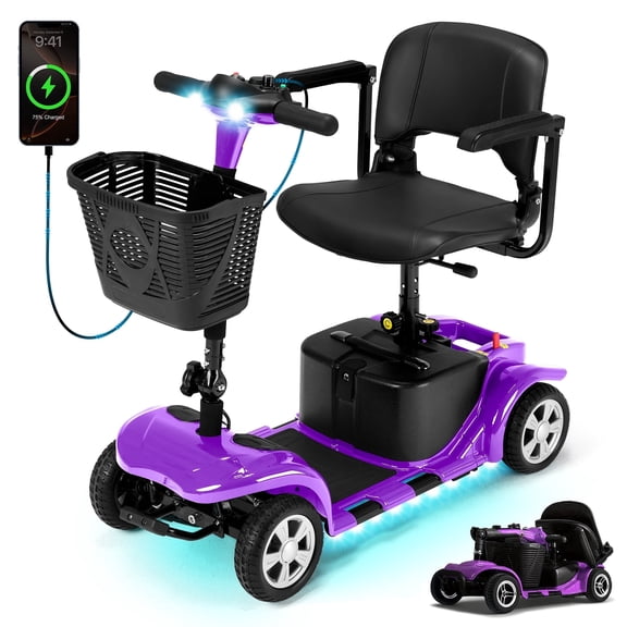 4 Wheels Mobility Scooter for Seniors & Adults,15 Miles Electric Folding Wheelchair Device for Travel,Sunderwell,USB Port,300 lbs Capacity,Purple