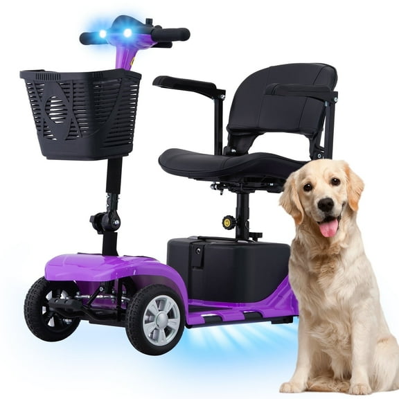 4 Wheels Mobility Scooter for Adults, Senior Electric Powered Chargeable Device for Travel, Lightweight and Portable, with LED Headlights and Basket, Charger Included (Purple)