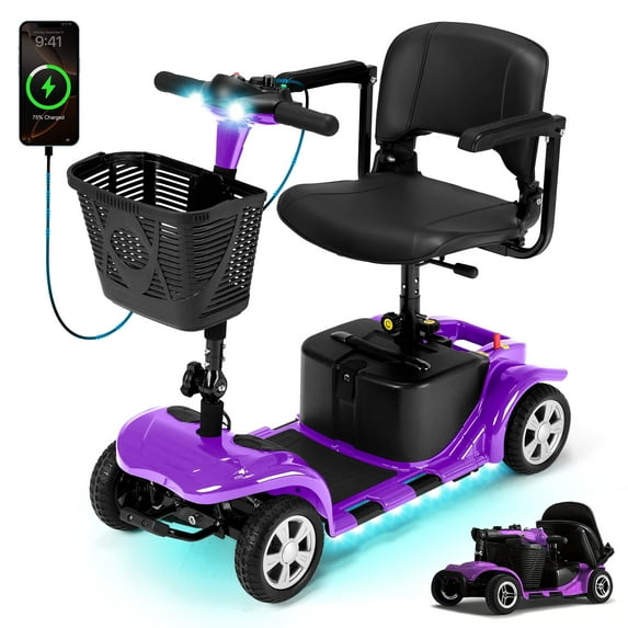 4 Wheels Mobility Scooter for Seniors & Adults,15 Miles Electric Folding Wheelchair Device for Travel,Sunderwell,USB Port,300 lbs Capacity,Purple