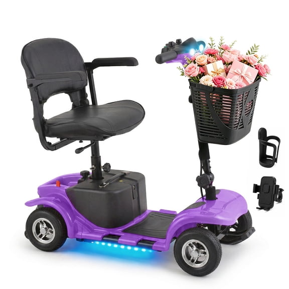 4 Wheels Mobility Scooter for Adults, Senior Electric Powered Chargeable Device for Travel, Lightweight and Portable, with LED Headlights and Basket, Charger Included (Purple)