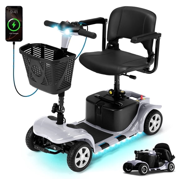 4 Wheels Mobility Scooter for Seniors & Adults,15 Miles Electric Folding Wheelchair Device for Travel,Sunderwell,USB Port,300 lbs Capacity,Silver