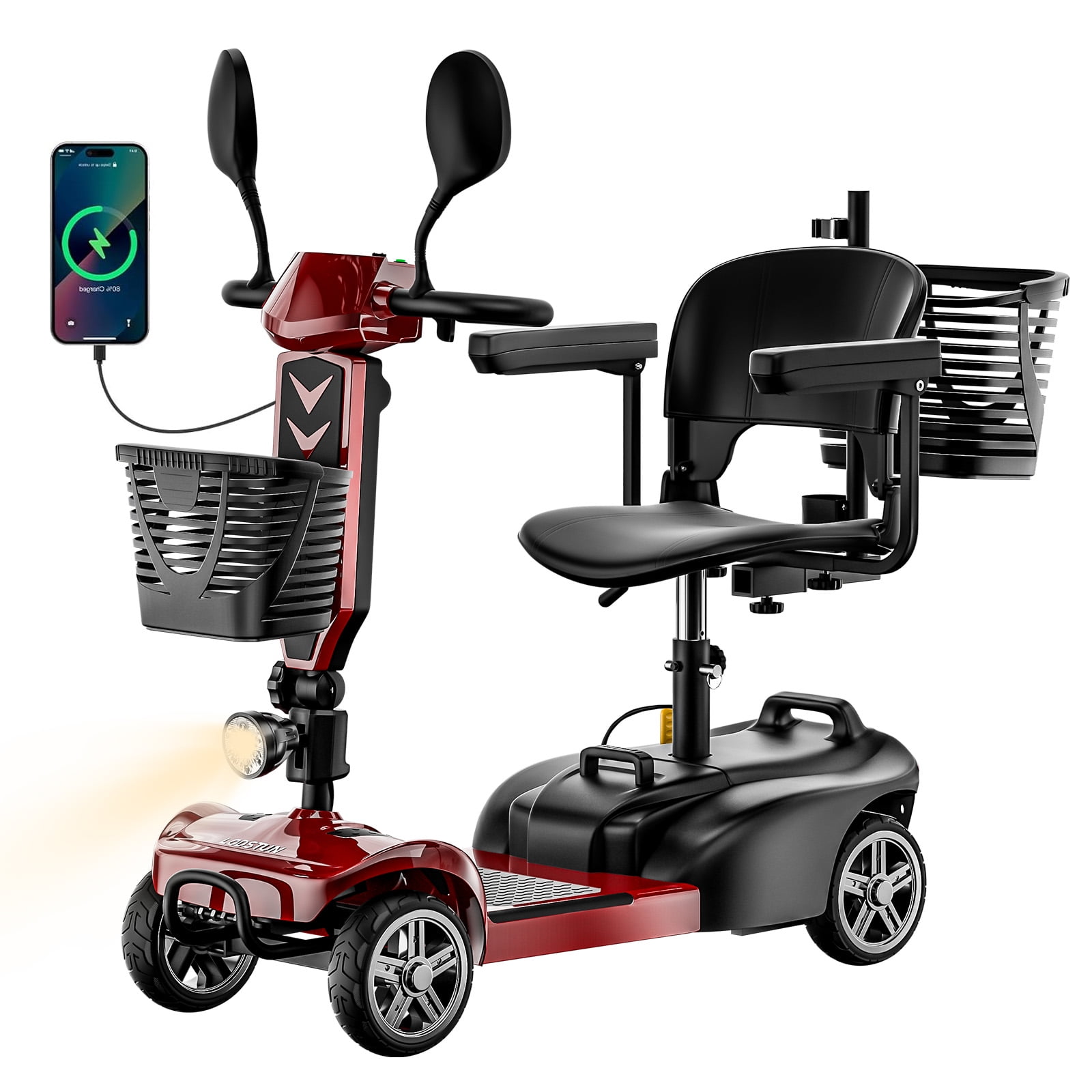 4 Wheels Mobility Scooter, Electric Powered Wheelchair with Basket, Long Range, Foldable, Best Gift for Elderly Seniors, Red