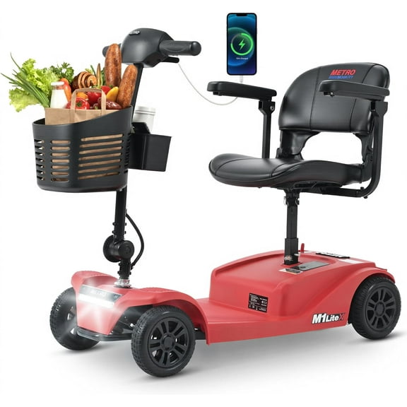 4 Wheels Mobility Scooter, Folding Lightweight Travel Mobility Scooter with Front & Rear LED Light, Heavy Duty Electric Motorized Scooters for Seniors Adults, Compact Mobility Scooter, Red