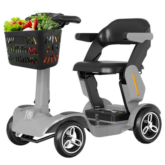 REYWMER 4 Wheels Mobility Scooter for Seniors with Cane Holder, LED Lights, Basket, AI Smart Safety Driving System, 35 Miles Range, Easy-Fold Anti-Tip Rear, Gray