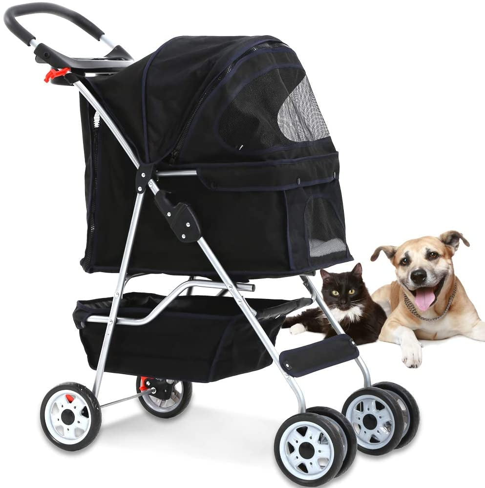4 Wheels Pet Stroller Cat Dog Cage Stroller Travel Folding Carrier with