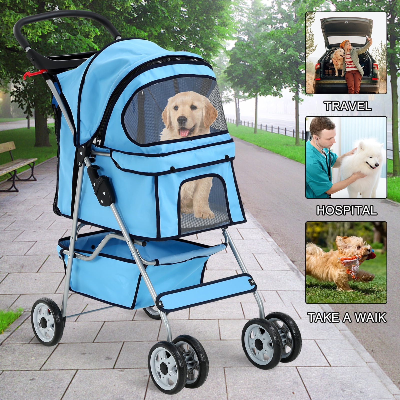 Pet Stroller 4 Wheels Dog Stroller Folding Carrier w/Cup Holders and  Raincover